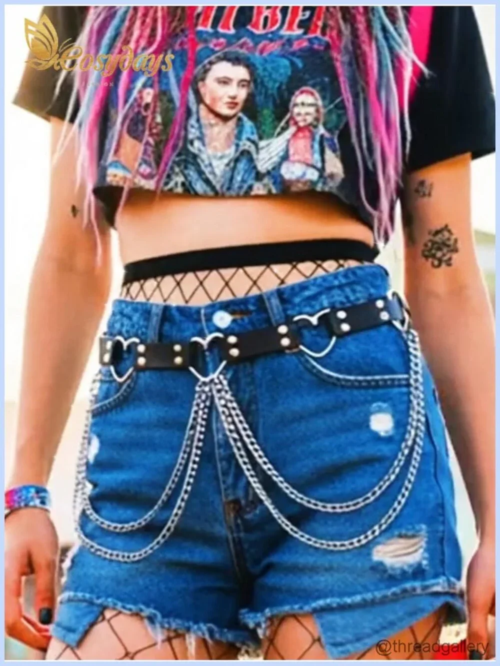 Leather & Alloy Gothic Waist Chain Belt with Heart Metal Hardware for Women